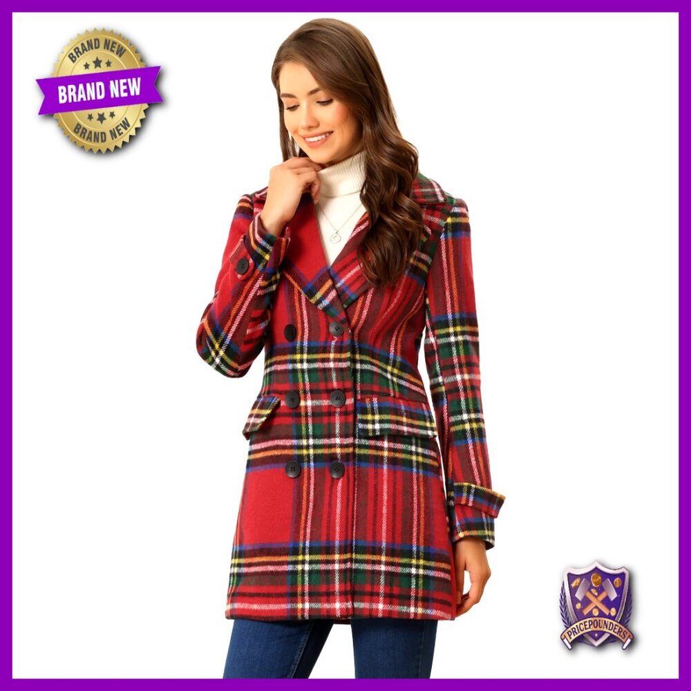 Classic Double Breasted Pea Coat Notched Lapel Buffalo Check Plaid Elegant